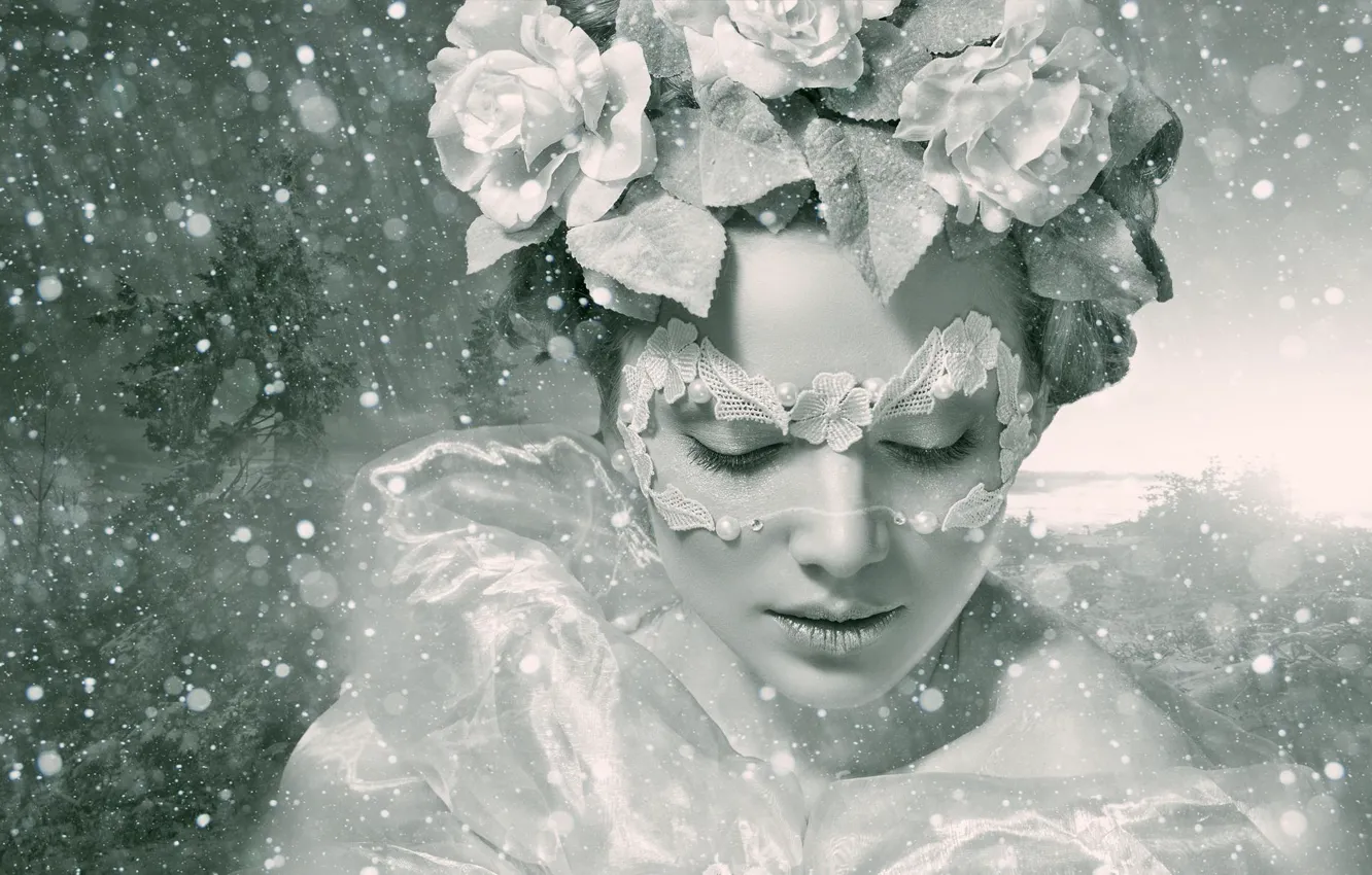 Photo wallpaper winter, girl, flowers, style, mood, roses, mask, black and white