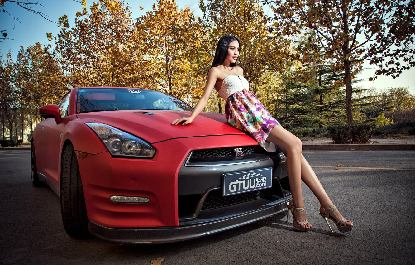 Photo wallpaper machine, auto, girl, model, Asian, car, Nissan GT-R, korean model