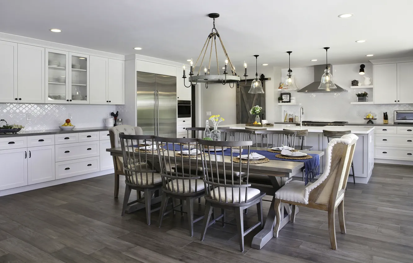 Photo wallpaper design, table, kitchen, chandelier, wardrobe