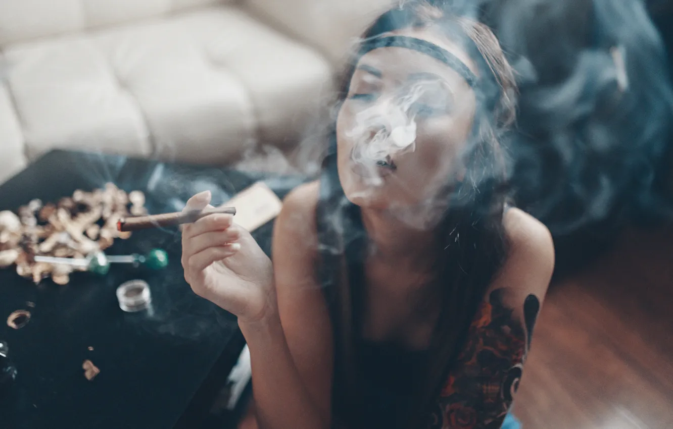 Photo wallpaper girl, mood, hookah, smoke, hippie, beautiful, cigars, Beautiful