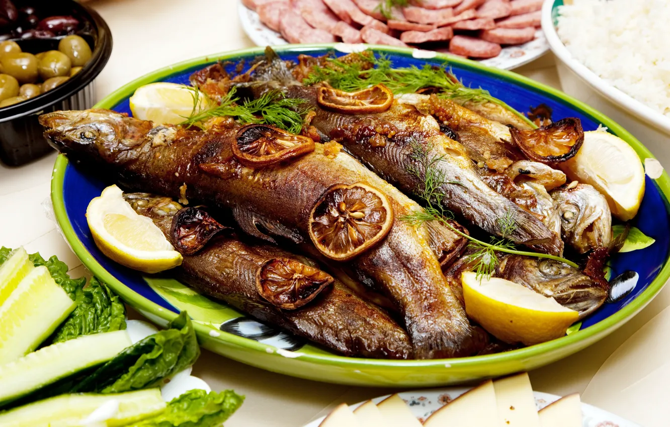 Photo wallpaper food, fish, dish, fried