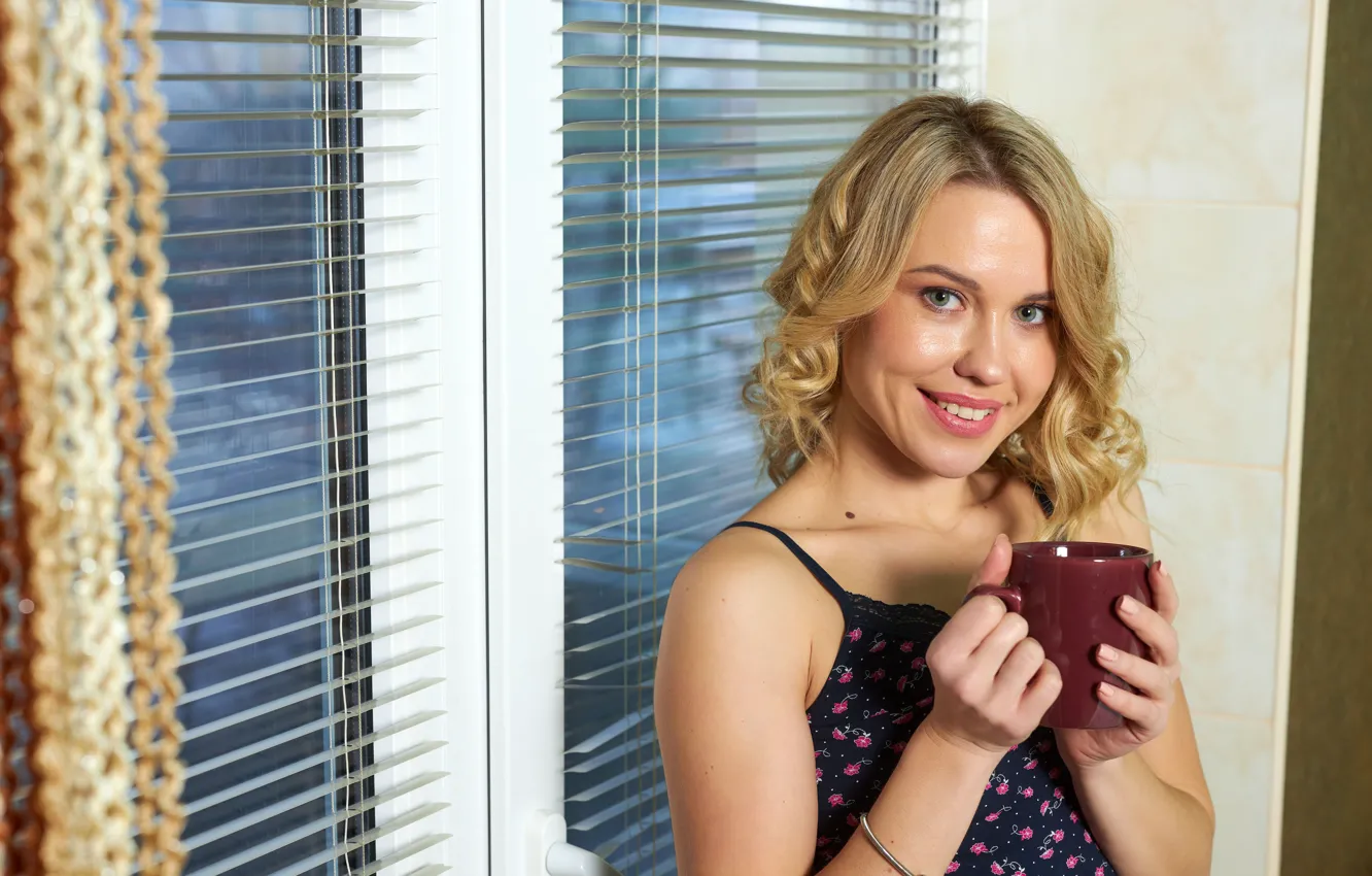 Photo wallpaper Model, Smile, Coffee, At The Window, Erika Eden