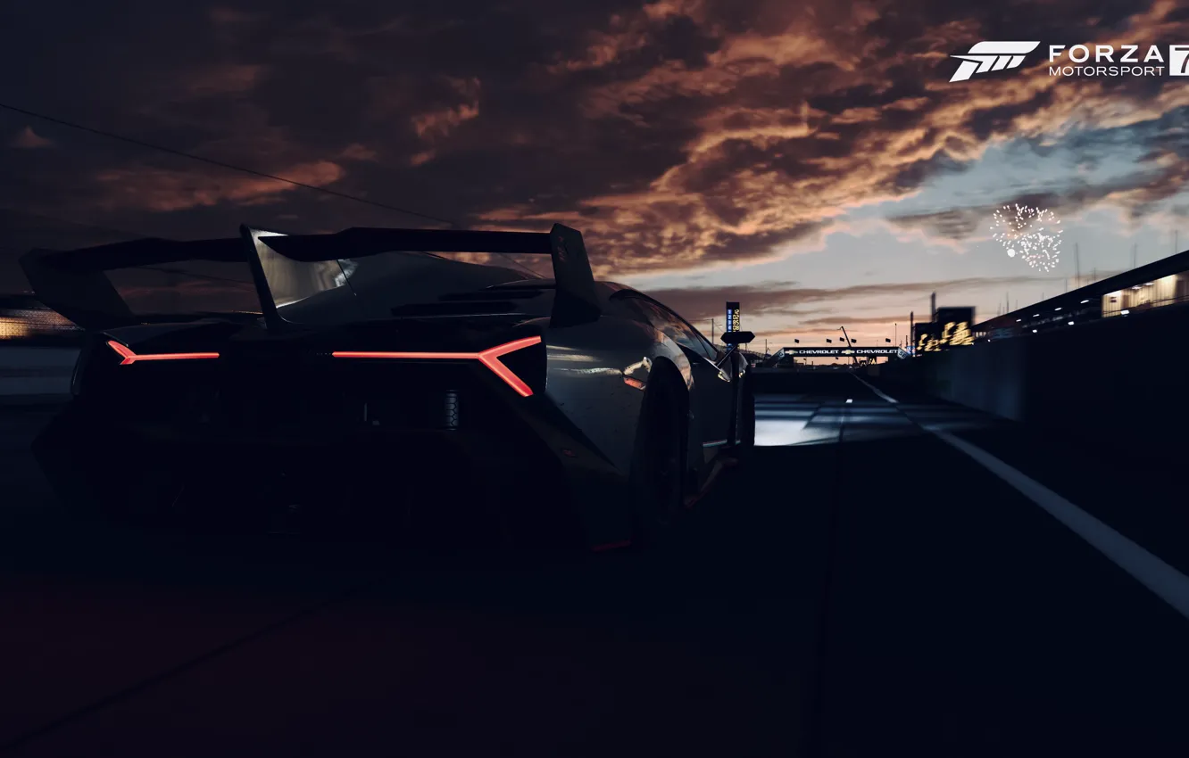 Photo wallpaper HDR, Lamborghini, game, sky, evening, Veneno, Lamborghini Veneno, backlight