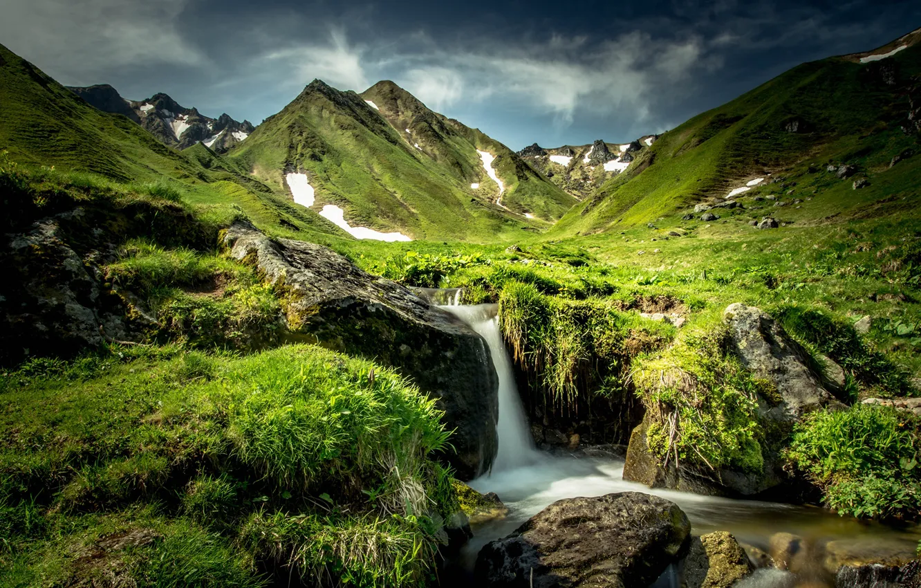 Photo wallpaper stones, hills, France, waterfall