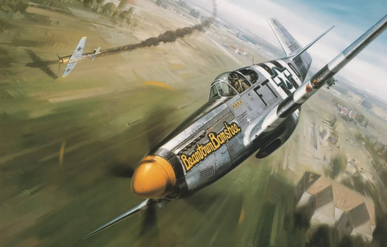 Photo wallpaper war, art, painting, aviation, Fw 190, WW2, P-51 Mustang, german fighter