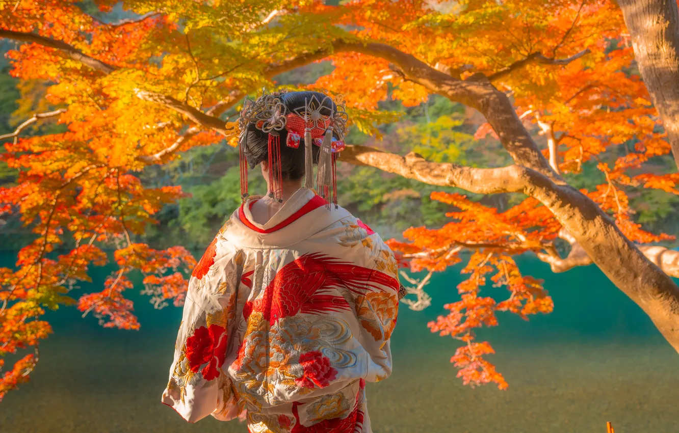 Photo wallpaper autumn, girl, tree, mood, Japan, kimono, pond