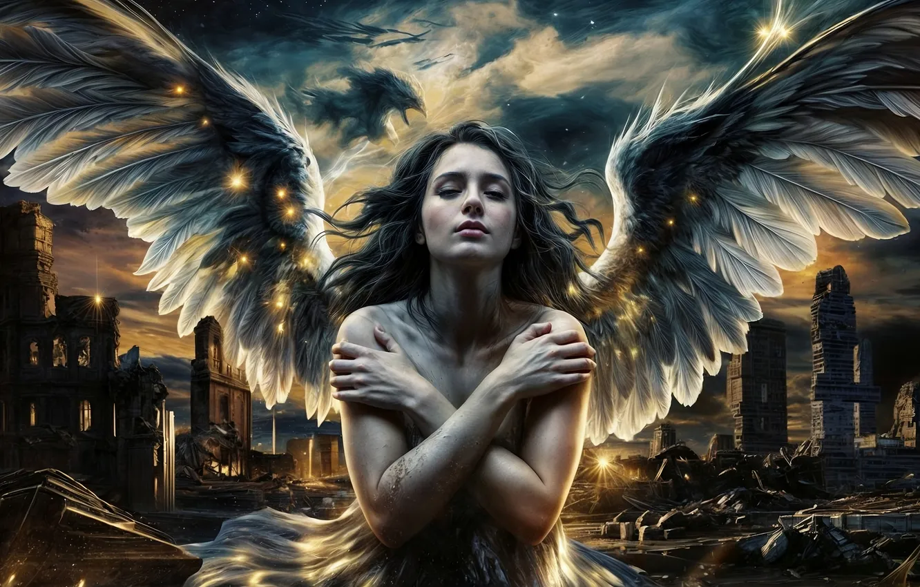 Photo wallpaper the sky, girl, clouds, the city, lights, building, wings, angel
