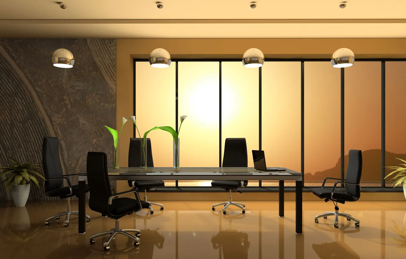 Photo wallpaper leaves, flowers, design, style, room, plant, interior, chair