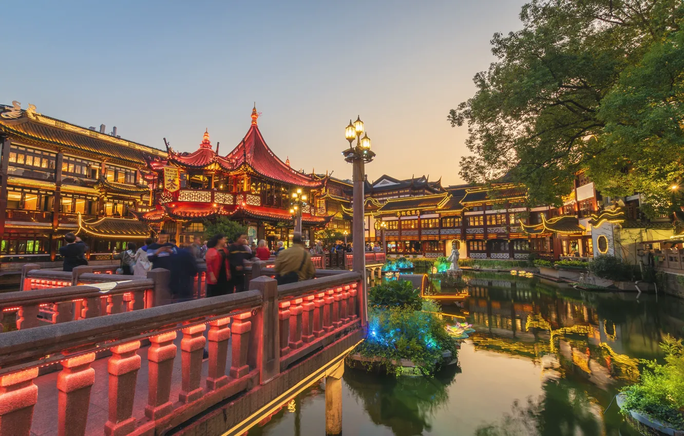 Photo wallpaper the city, the evening, garden, lighting, lights, China, Shanghai, Yu Garden