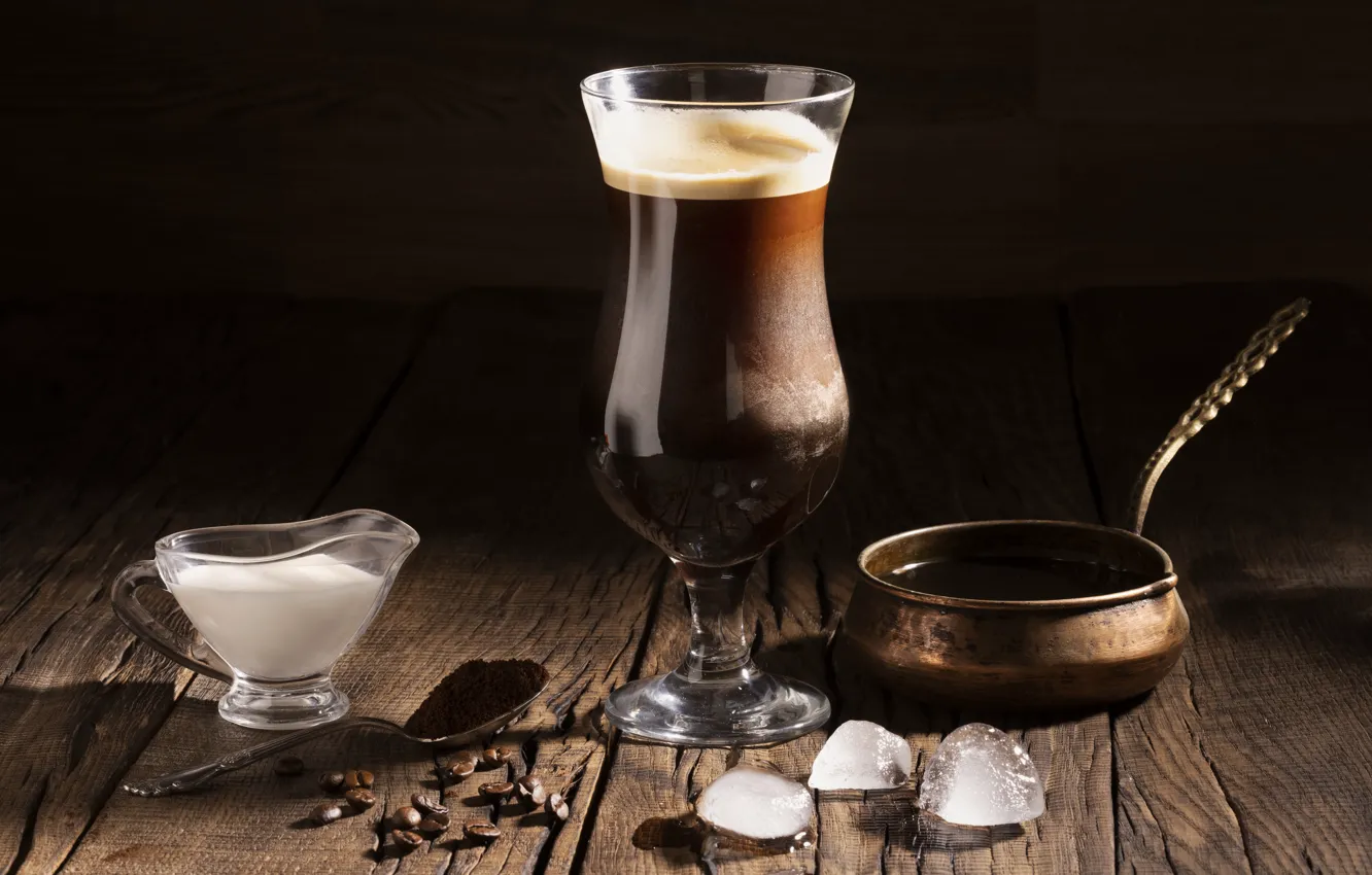 Photo wallpaper ice, the dark background, Board, glass, coffee, milk, spoon, coffee beans