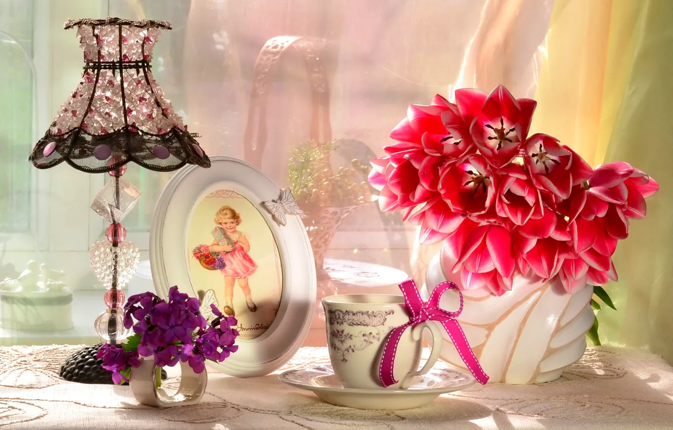 Photo wallpaper flowers, lamp, bouquet, frame, girl, Cup, tulips, bow