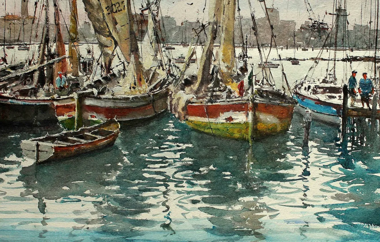Photo wallpaper picture, yachts, boats, watercolor, sail, harbour, seascape, Maximilian DAmico