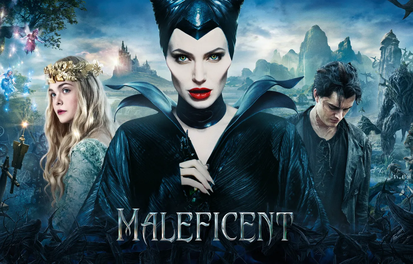 Photo wallpaper Angelina Jolie, Movie, Maleficent, Elle Fanning, Brenton Thwaites