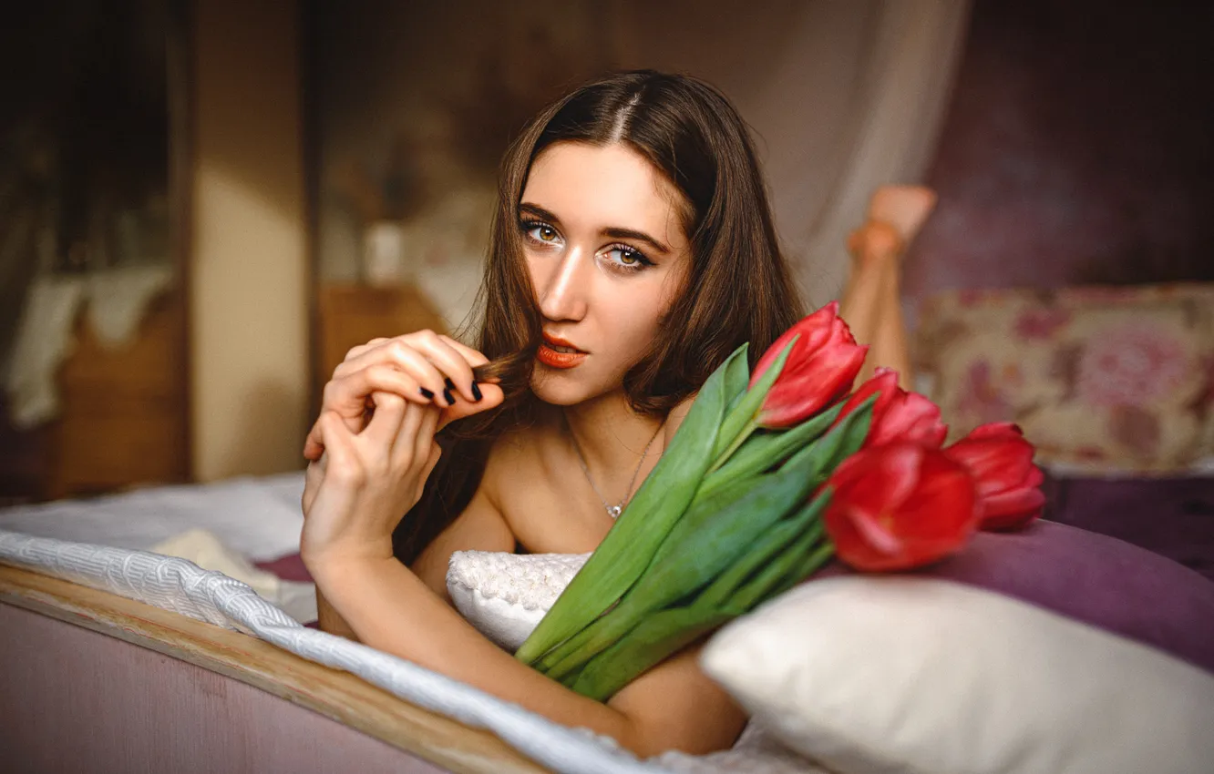 Photo wallpaper look, girl, flowers, pose, hands, tulips, long hair, Yana