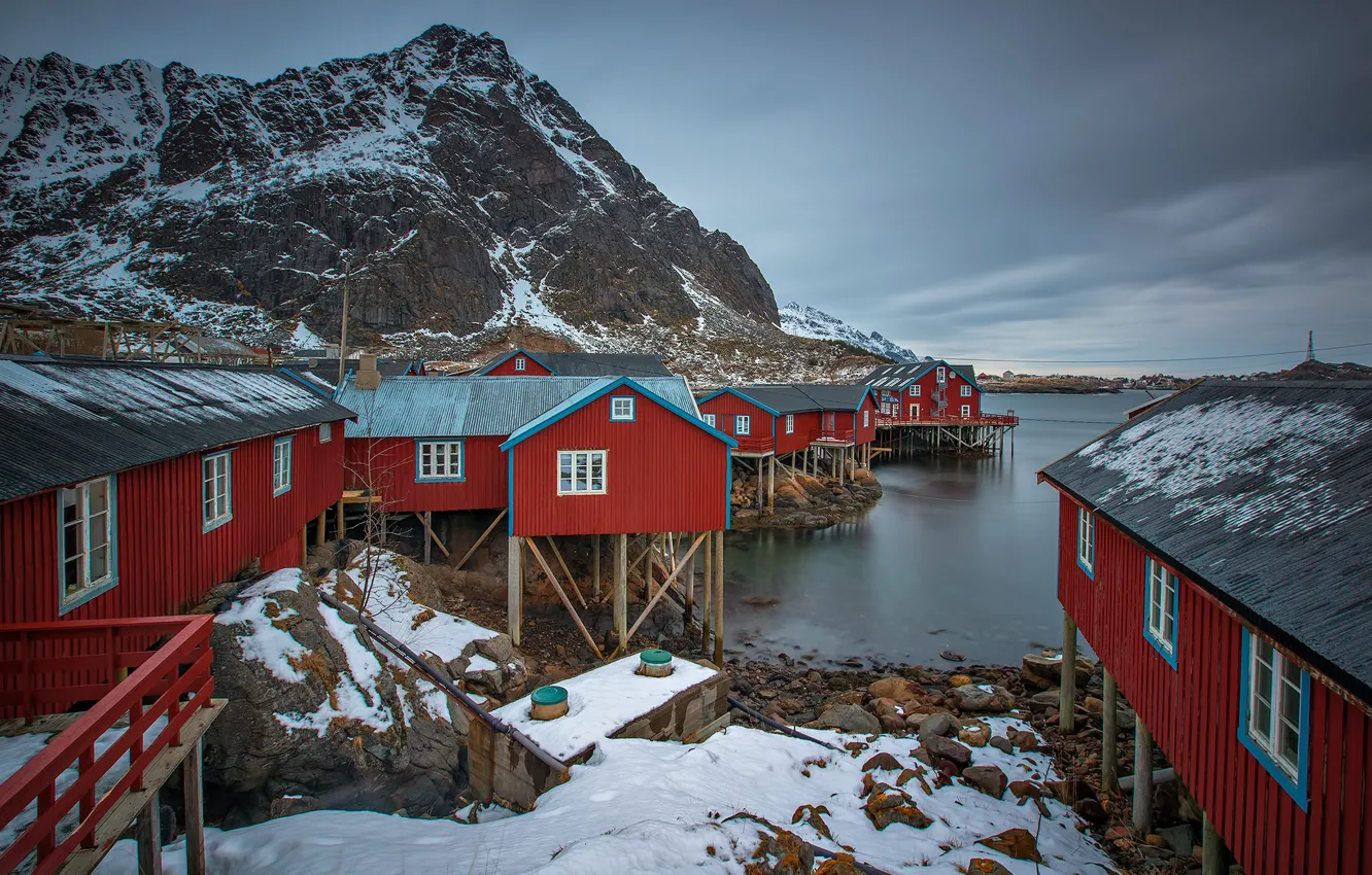 Photo wallpaper rocks, home, Norway, the village, The Lofoten Islands