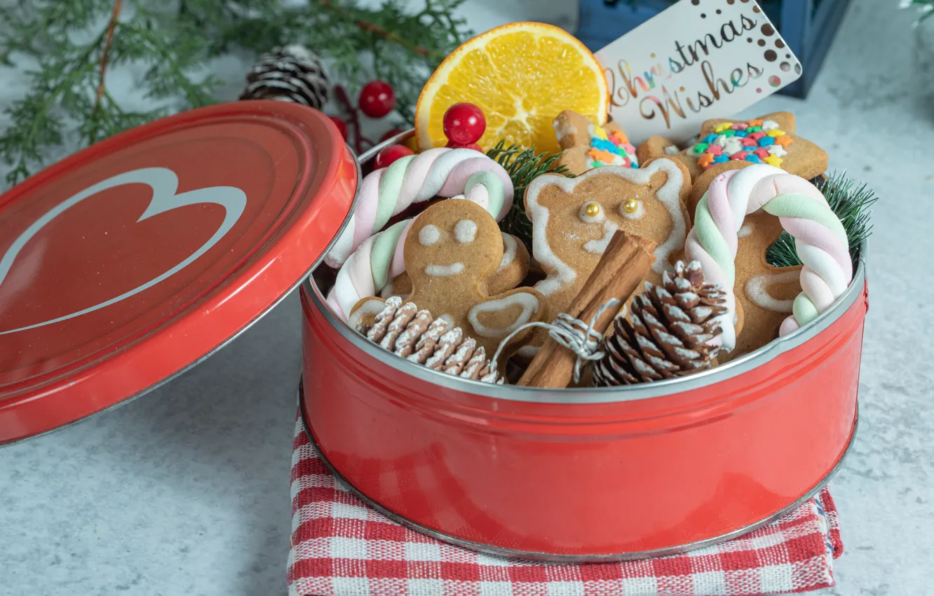 Photo wallpaper box, lemon, cookies, Christmas, New year, bumps, marshmallows