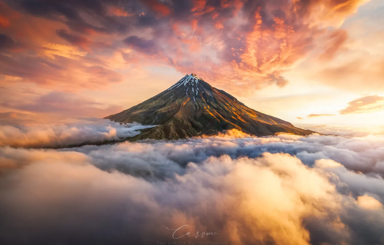 Photo wallpaper clouds, landscape, mountains, dawn, the volcano
