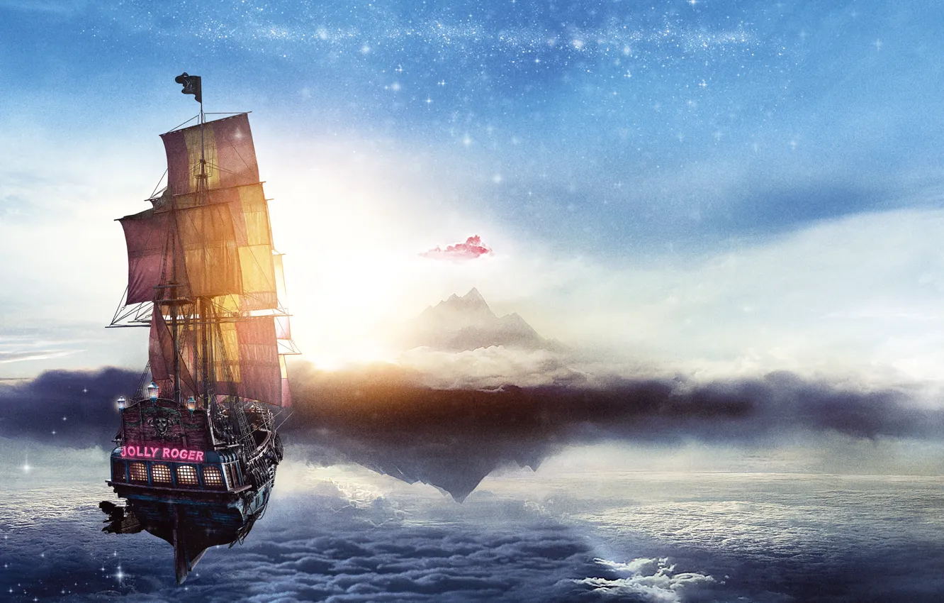 Photo wallpaper sea, the sky, clouds, ship, fantasy, pirates, Jolly Roger, adventure