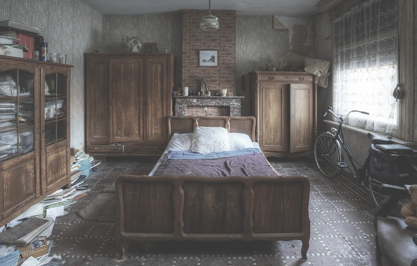 Photo wallpaper bike, home, window, curtains, mess, bedroom, sunlight