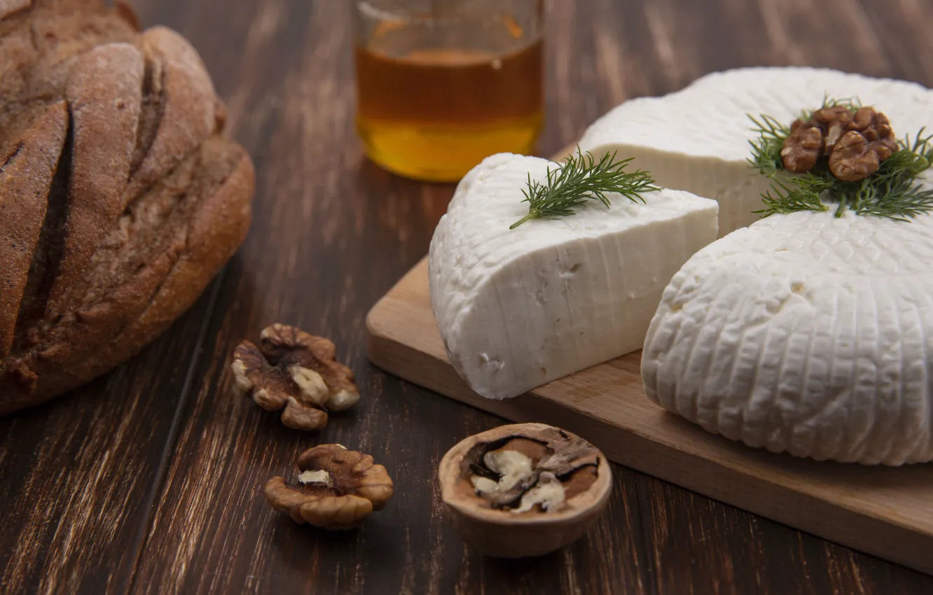 Photo wallpaper table, Board, oil, food, cheese, dill, bread, nuts