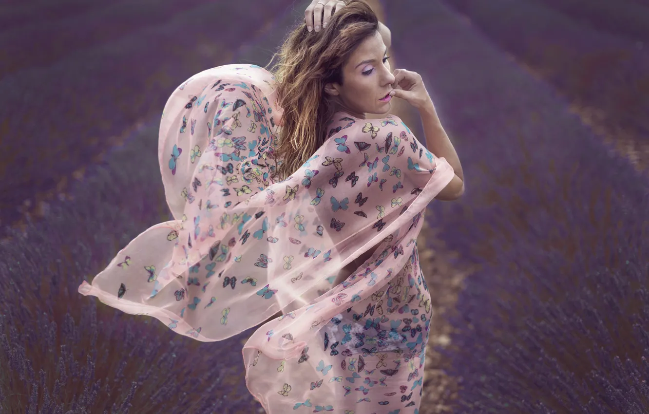 Photo wallpaper field, girl, mood, butterfly, matter, fabric, lavender, Veronika Castrillo