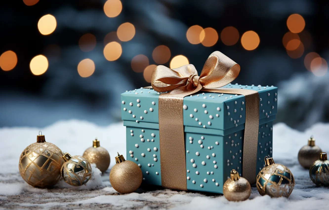 Photo wallpaper winter, snow, decoration, snowflakes, gift, balls, new year, Christmas