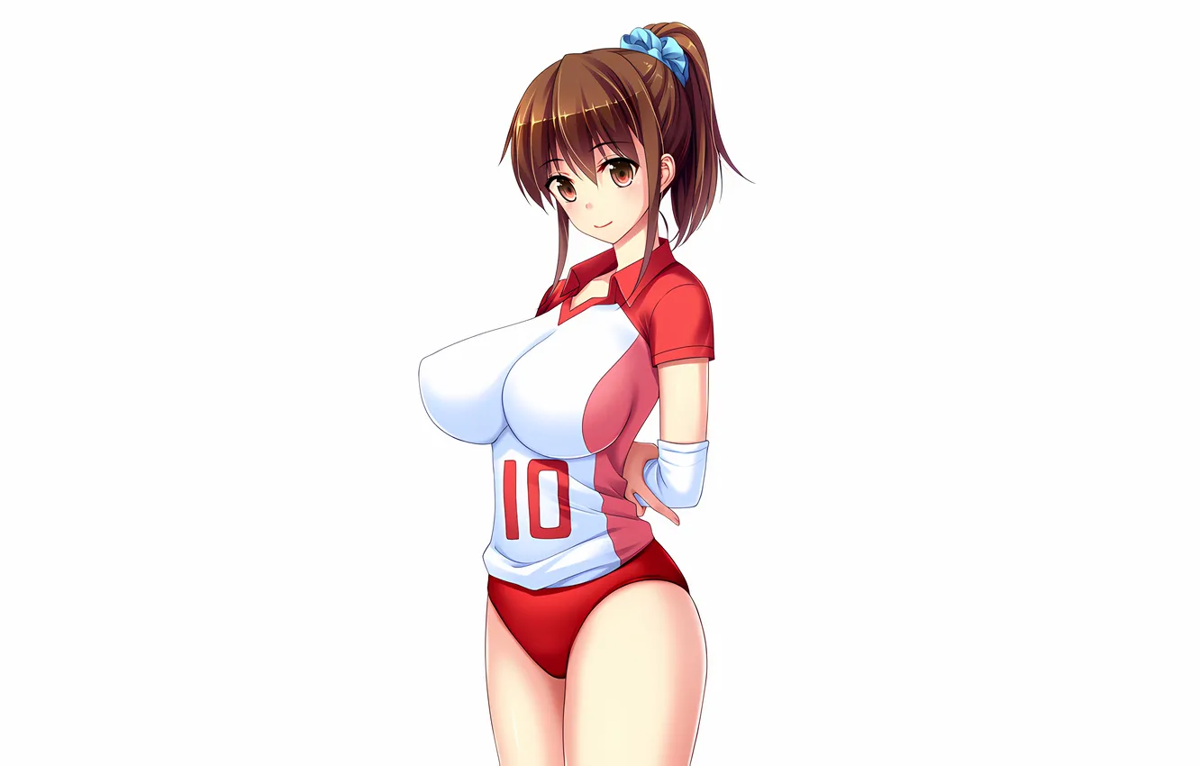 Photo wallpaper girl, sexy, shorts, brown hair, boobs, anime, beautiful, red eyes