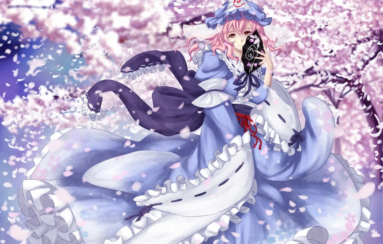 Photo wallpaper girl, smile, the wind, petals, Sakura, fan, art, flowering