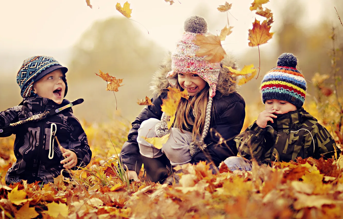 Photo wallpaper autumn, leaves, children, smile, mood, positive
