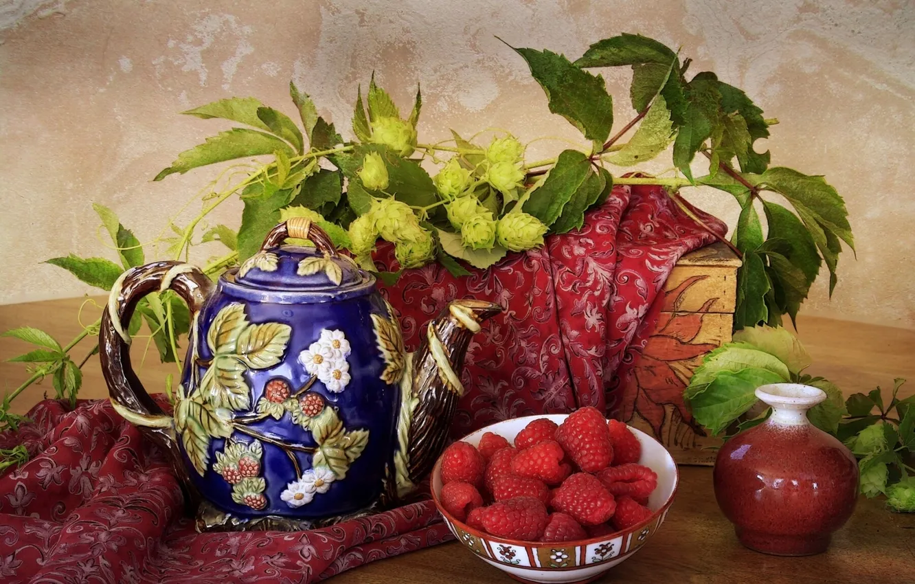 Photo wallpaper berries, raspberry, kettle, still life, vase, hops
