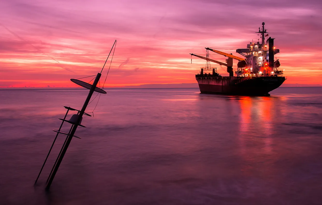 Photo wallpaper sea, sunset, ship
