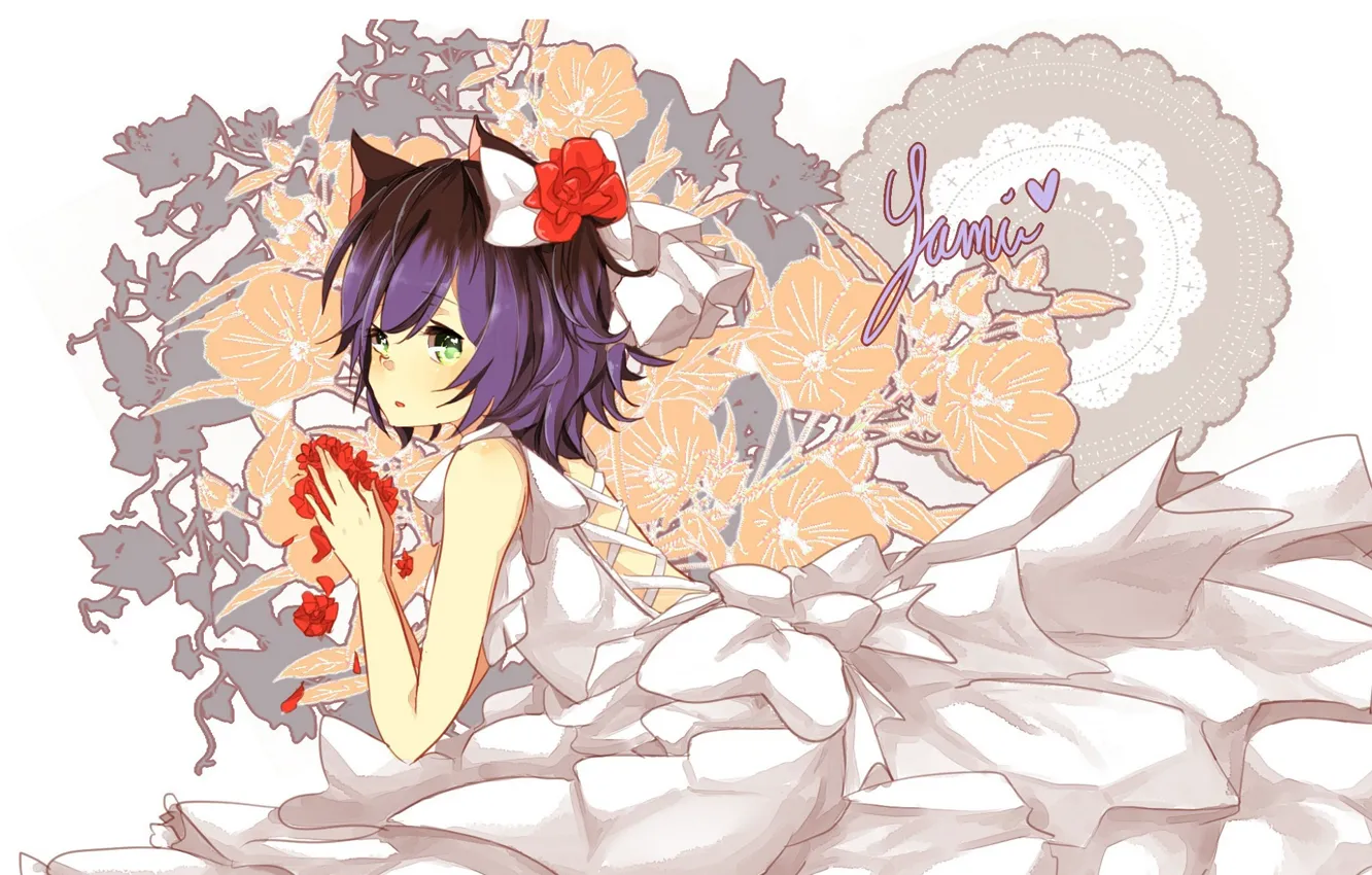 Photo wallpaper white background, green eyes, wedding dress, ruffles, flower in hair, cat ears, neko girl, by …