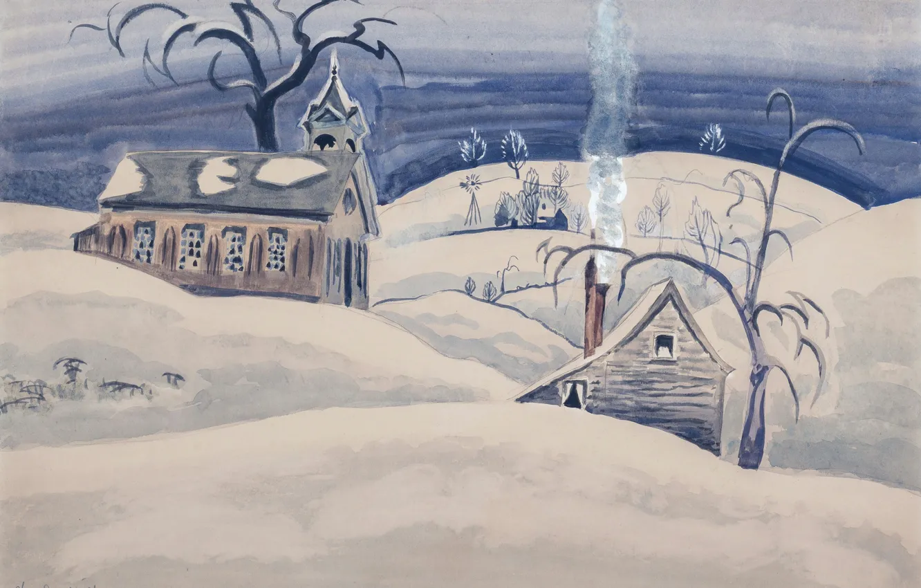 Photo wallpaper 1918, Charles Ephraim Burchfield, Country School House in Winter