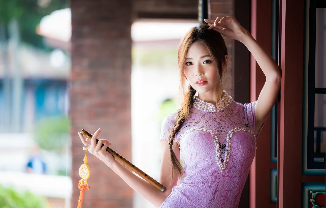 Photo wallpaper look, girl, dress, braid, Asian