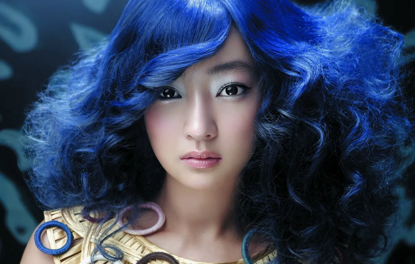 Photo wallpaper girl, face, Asian, blue hair