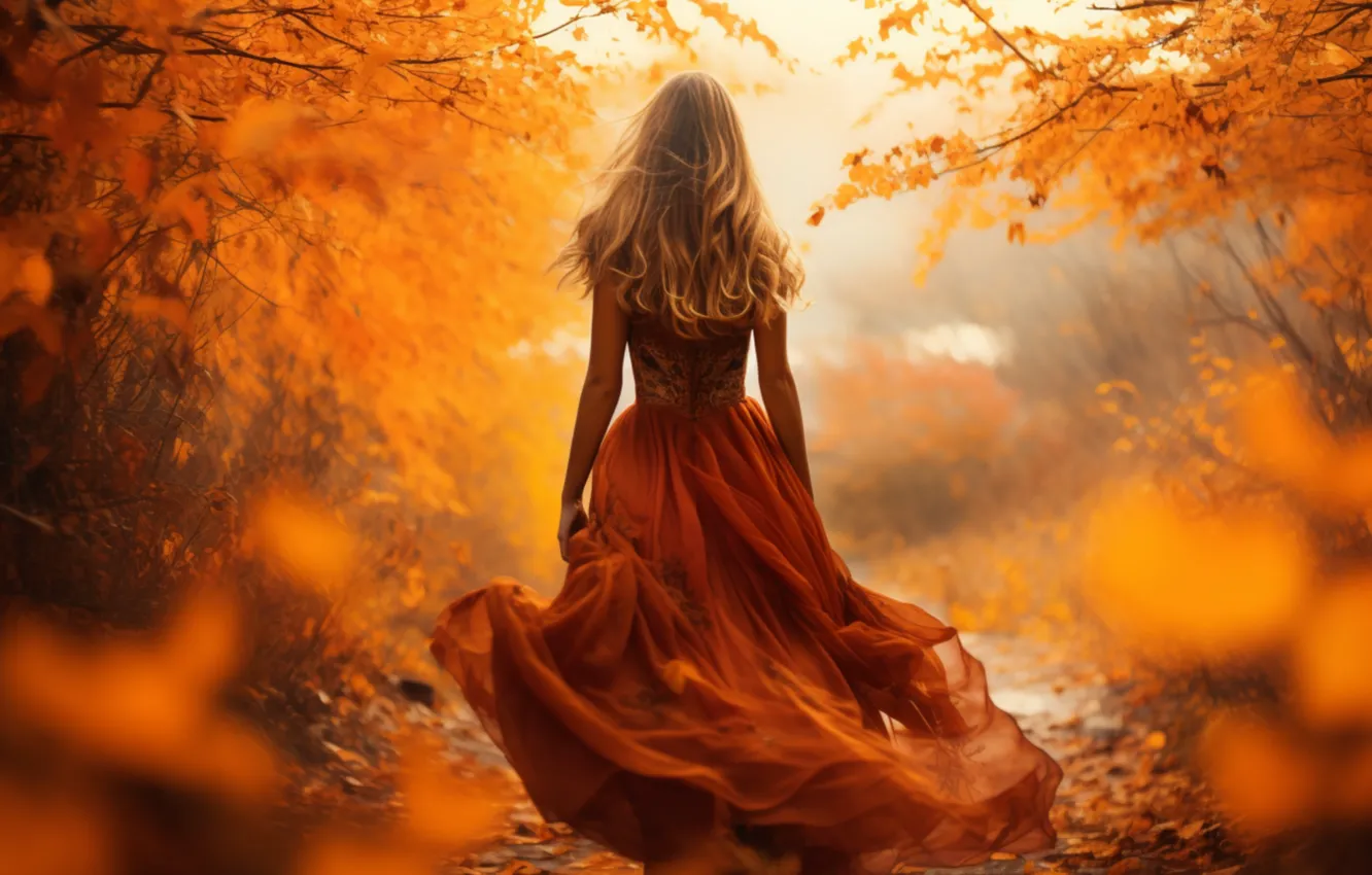 Photo wallpaper autumn, girl, light, trees, branches, nature, blonde, walk