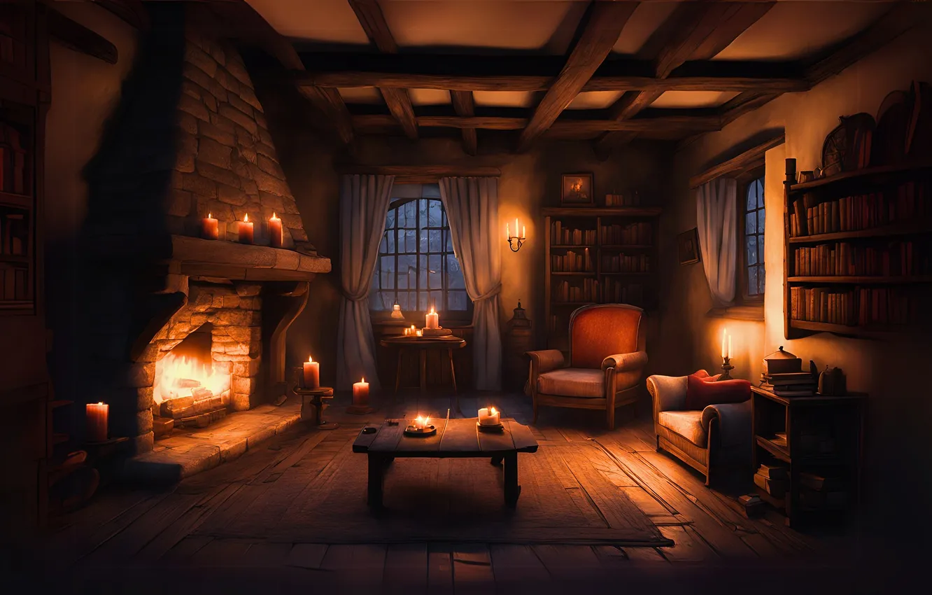 Photo wallpaper old, lights, table, room, flame, carpet, Board, interior