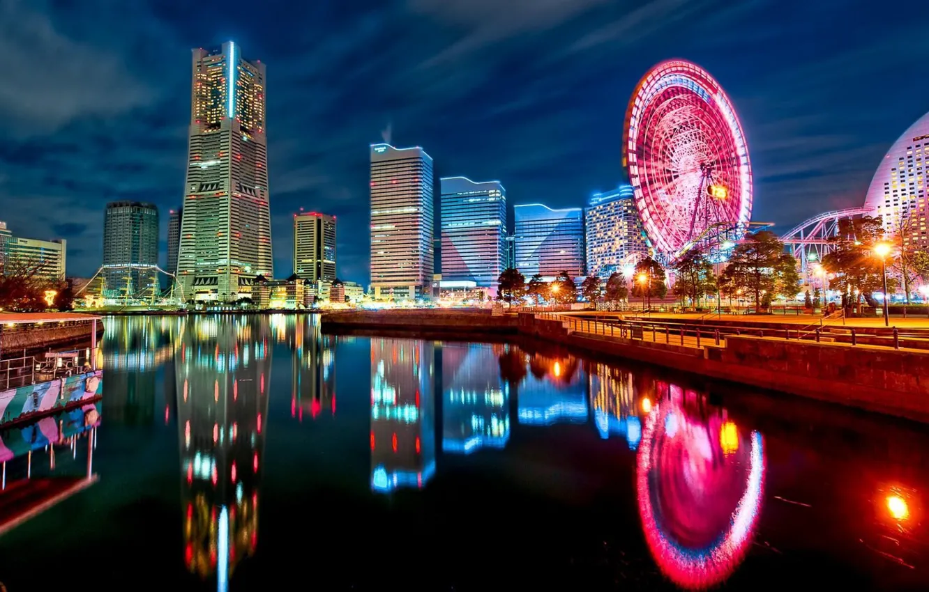 Photo wallpaper Ferris wheel, Tokyo, Japan, the reflection in the water, night city lights