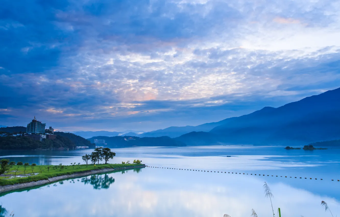 Photo wallpaper the sky, clouds, trees, mountains, nature, lake, reflection, dawn