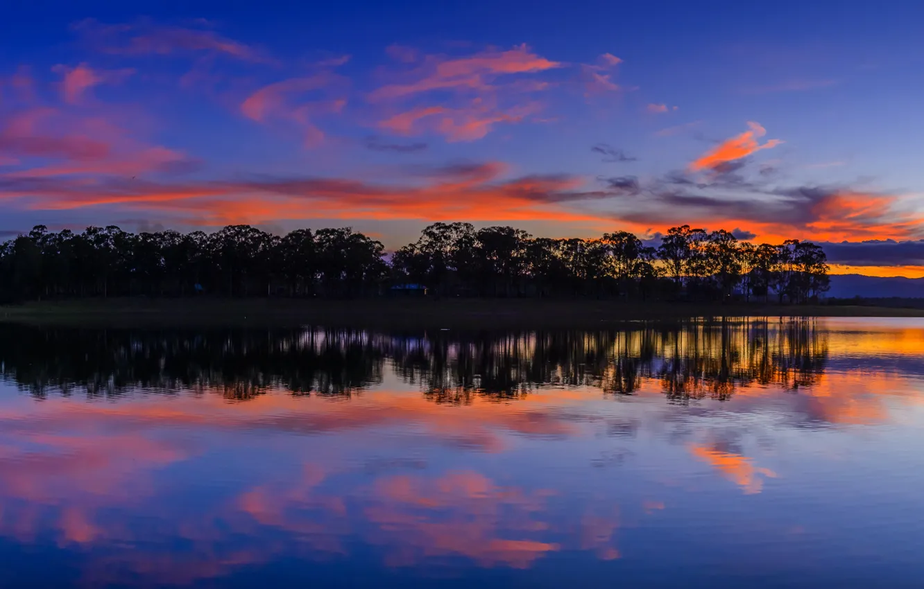 Photo wallpaper trees, sunset, lake, reflection, Australia, Australia, Queensland, QLD