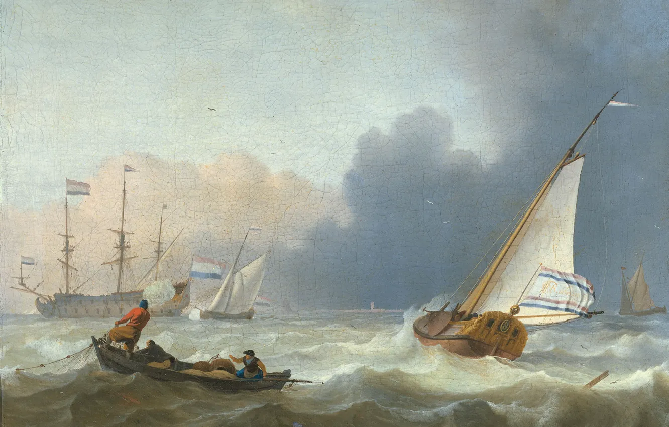 Photo wallpaper oil, picture, canvas, seascape, Ludolf Bakhuizen, Ludolf Bakhuizen, 1694, Rough sea with Dutch yacht under …