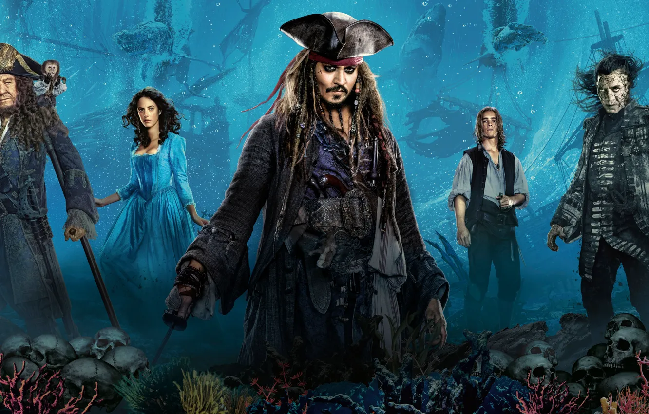 Photo wallpaper sea, Johnny Depp, ship, skull, the bottom, fantasy, monkey, Johnny Depp