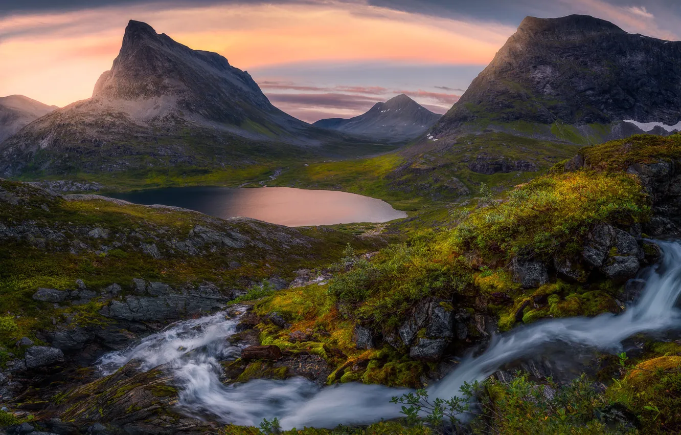 Photo wallpaper mountains, lake, rocks, Norway, Ole Henrik Skjelstad
