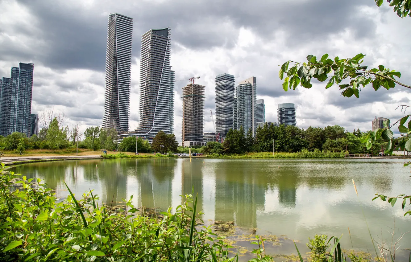 Photo wallpaper the sun, clouds, trees, pond, Park, home