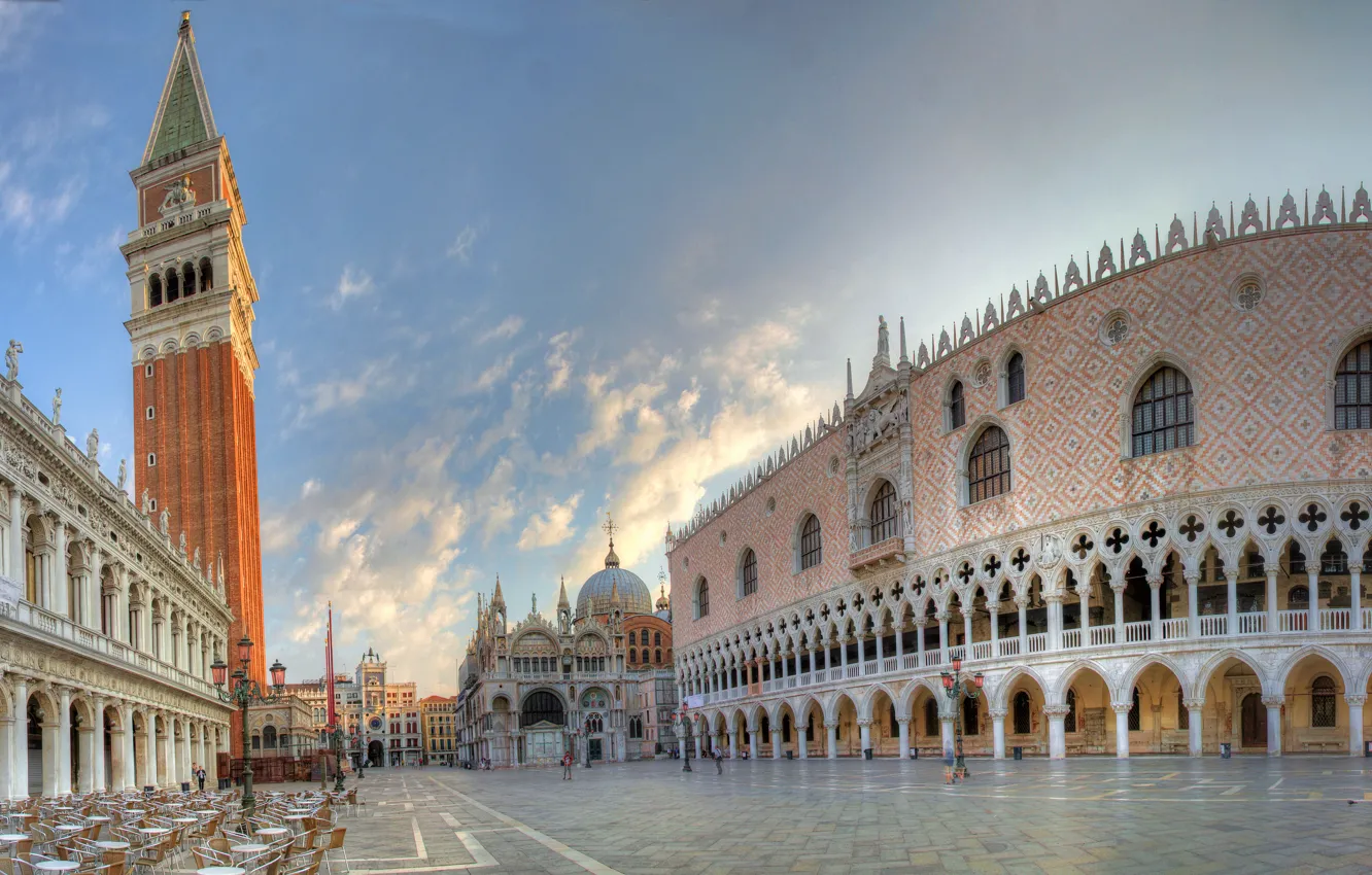 Photo wallpaper Italy, panorama, Venice, cafe, Italy, Venice, the bell tower, Campanile