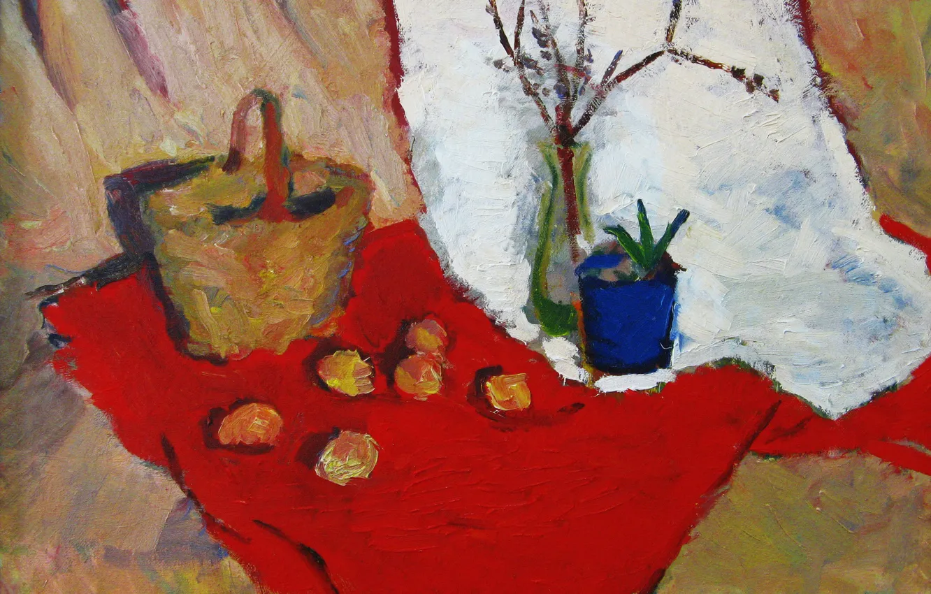 Photo wallpaper basket, 2006, vase, still life, red cloth, white fabric, Peter Petyaev, blue pot