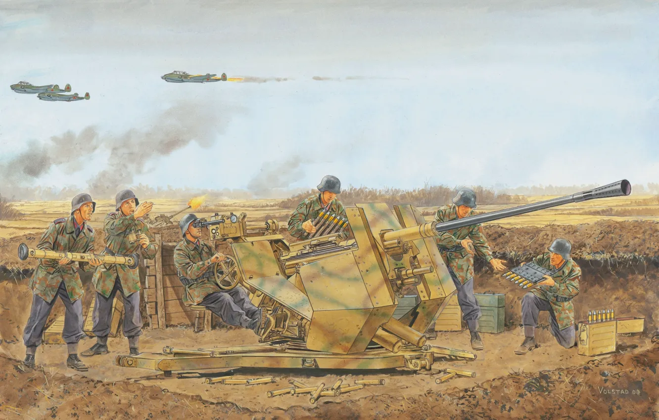Photo wallpaper the sky, figure, shots, position, gun, German, planes.The second world war, Flak 37