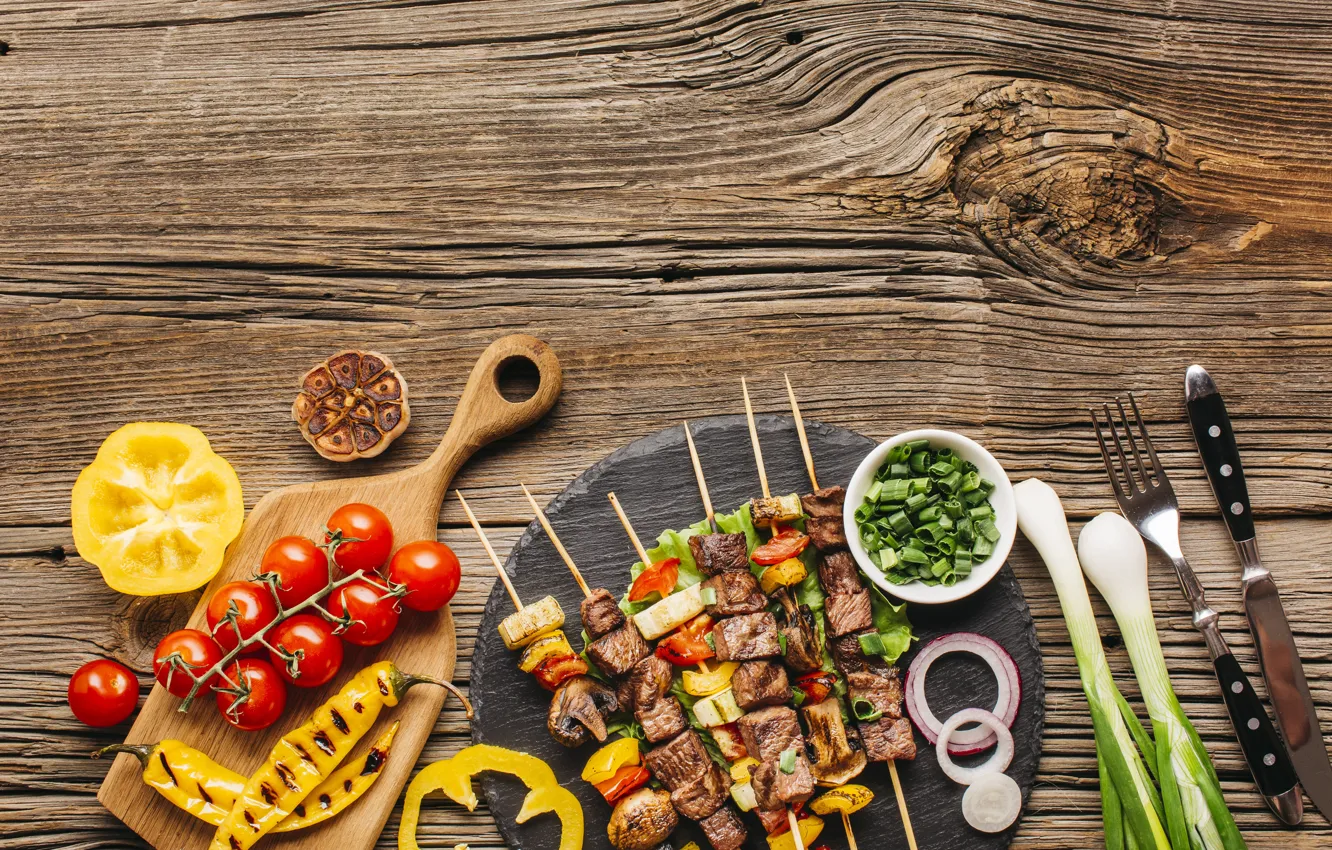 Photo wallpaper greens, bow, pepper, vegetables, tomatoes, kebab, garlic, cherry