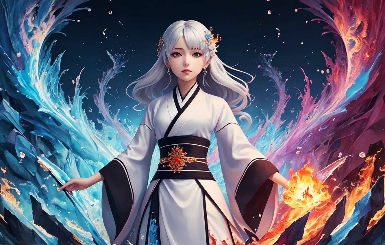 Photo wallpaper fire, ice, magic, long hair, water, blue eyes, women, asian