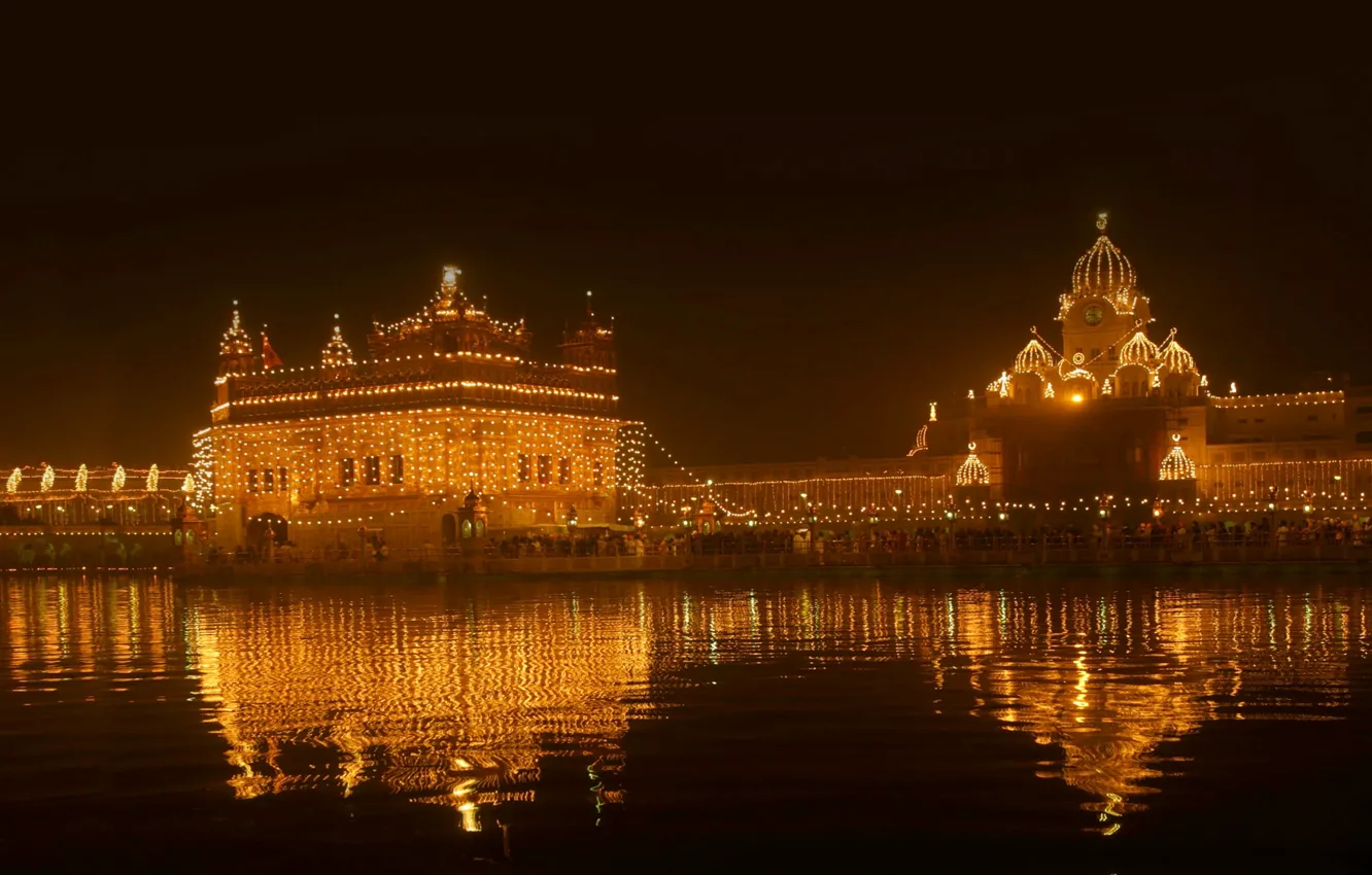 Photo wallpaper night, lights, India, Amritsar, Golden temple, Punjab, the festival of light